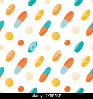 Seamless pattern with pills, drugs, vitamins on white background. Healthcare and medicine concept. Healthy lifestyle. Design for clinics, hospitals, p Stock Vector