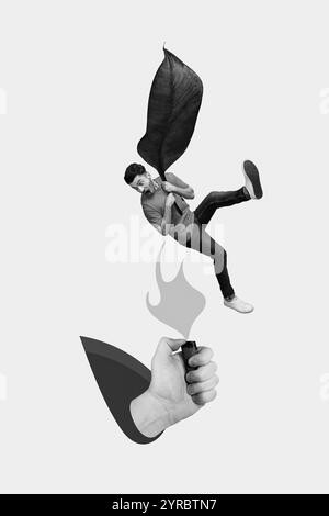 Vertical collage illustration of black white gamma arm hold lighter flame burn small terrified guy hold big green leaf isolated on creative background Stock Photo