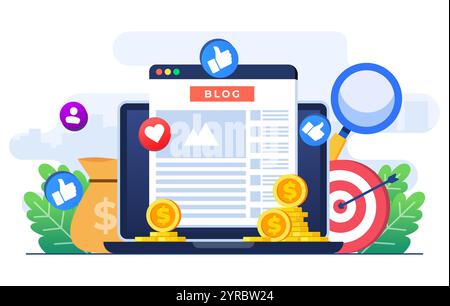 Blog monetization concept flat illustration vector template, Making money online, Website monetization, Analyzing blog content and generating income w Stock Vector