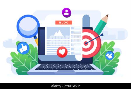 Blog articles creation concept flat illustration vector template, Content creation, Freelance web articles writing, Can be used for web banner, landin Stock Vector