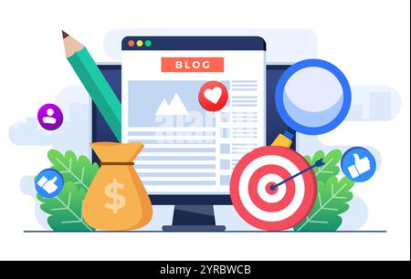 Blog articles creation concept flat illustration vector template, Content creation, Freelance web articles writing, Can be used for web banner, landin Stock Vector