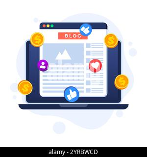 Blog monetization concept flat illustration vector template, Making money online, Website monetization, Analyzing blog content and generating income w Stock Vector