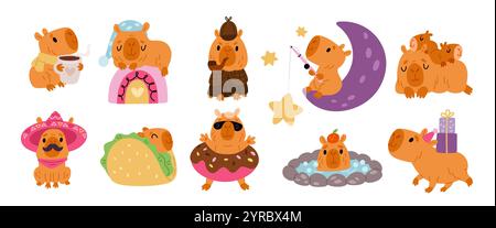 Cartoon capybaras characters. Cute exotic animals. Biggest rodents. Funny hamsters. Different actions and poses. Positive emotions. Mammal sleeping in Stock Vector