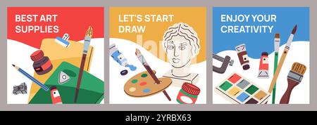 Artist tools. Art school cards. Creative workshop. Painter classes invitations. Painting supply and stationery. Drawing elements. Paints palette and e Stock Vector