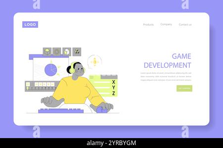 Women in Technology concept. An illustration presenting a female game developer at work, surrounded by coding and design tools. Engaged in creating a video game. Vector illustration. Stock Vector