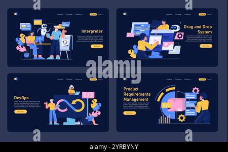 Software Development set. Professionals working with AI, DevOps, system tools, and project requirements. Digital technology in creative enterprise solutions. Vector illustration. Stock Vector