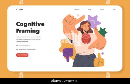 Cognitive framing concept. A woman surrounded by symbols representing ...
