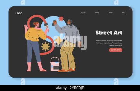 Street Art website concept. Artists create a mural with dynamic shapes and colors. Engaging urban youth in creative expression. Vector illustration. Stock Vector