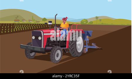 Indian farmer riding a tractor Stock Vector