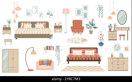 Furniture collection for modern home bedroom interior design. Stock Vector