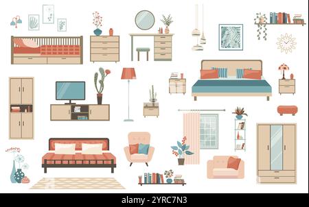 Furniture collection for modern home bedroom interior design. Stock Vector