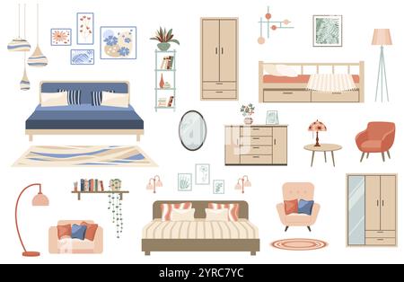 Furniture collection for modern home bedroom interior design. Stock Vector