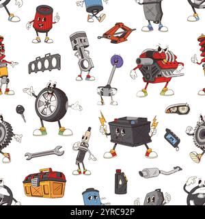 Groovy spare part and tool character seamless pattern. Fabric print pattern with auto spare parts. Seamless backdrop with vehicle engine, battery and wheel, gasket, spark plug groovy characters Stock Vector