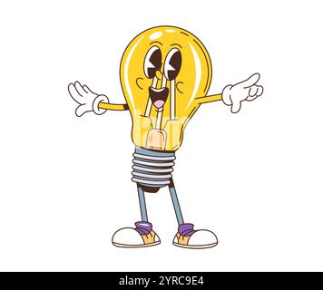 Cartoon retro groovy light bulb character. Isolated vector playful yellow lamp personage with vintage sneakers and outstretched hands, embodying bright idea, creativity and cheerful y2k hippie energy Stock Vector