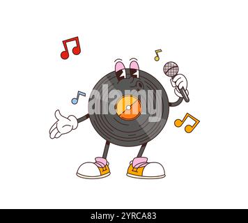 Cartoon retro groovy vinyl record character sings passionately with microphone and funky melody notes flying around, embodying soulful vibe of classic music. Isolated vector vintage musical personage Stock Vector