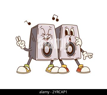 Groovy computer speakers characters. Two cartoon vector speakers with funky faces and musical notes around, conveying fun and playful vibe while enjoying music, showcasing technology and entertainment Stock Vector