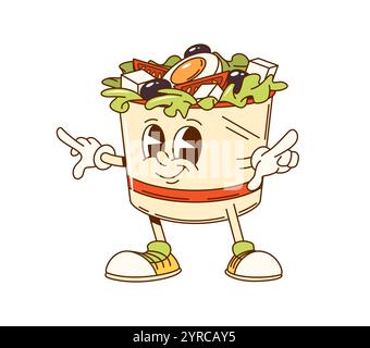 Cartoon groovy Greek salad bowl fast food character. Isolated vector playful Mediterranean cuisine cup personage filled with Ingredients like fresh vegetables, lettuce, tomatoes, olives and eggs Stock Vector