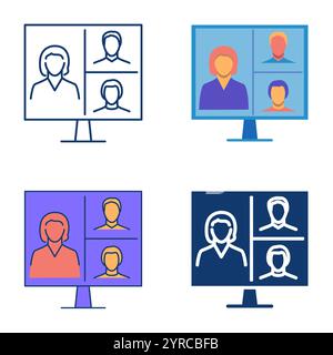 Video conference line icon set. Remote communication, people on computer screen. Vector illustration Stock Vector