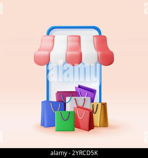 3D striped awning in smartphone and shopping bags Stock Vector