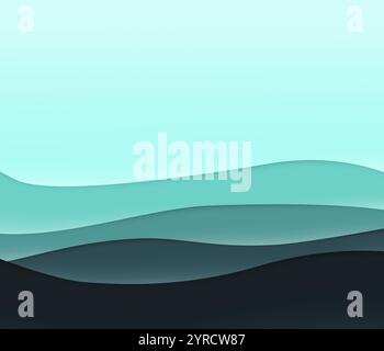 Bluish, cyan and teal layered wavy lines with shadows. High resolution full frame abstract background with copy space. Stock Photo