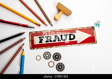 Fraud Concept. Red direction arrow with text on white office desk. Stock Photo