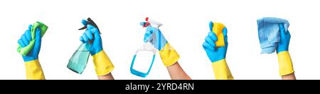Cleaning services, hands set with cleaning supplies on white background Stock Photo