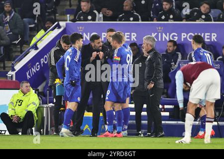 Ruud van Nistelrooy, Manager of Leicester City interacts with Jamie Vardy of Leicester City, Victor Kristiansen of Leicester City and Facundo Buonanotte of Leicester City during the Premier League football match between Leicester City and West Ham United at the King Power Stadium in Leicester, England. (James Holyoak/SPP) Credit: SPP Sport Press Photo. /Alamy Live News Stock Photo