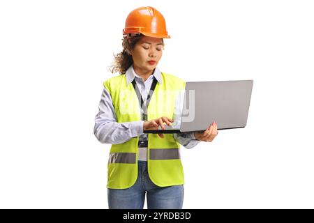 Female asian engineer using a laptop computer isolated on white background Stock Photo