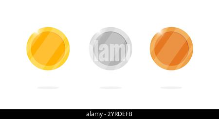 Gold silver bronze blank medal coin set for video game or app animation design. Bingo jackpot casino poker win empty elements. Cash treasure concept isolated flat eps illustration Stock Vector