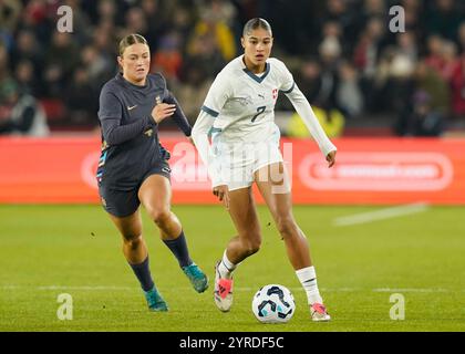 Sheffield, UK. 3rd Dec, 2024. Sydney SCHERTENLEIB of Switzerland and Ruby MACE of England during the International Friendly match at Bramall Lane, Sheffield. Picture credit should read: Andrew Yates/Sportimage Credit: Sportimage Ltd/Alamy Live News Stock Photo