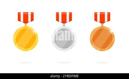 Gold silver bronze blank medal coin set and striped ribbon for video game or apps animation design. First second third place bonus achievement award. Winner trophy reward isolated flat illustration Stock Vector
