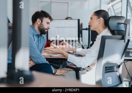 Diverse team members having a focused discussion in a modern office setting Stock Photo