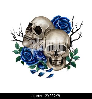 Composition with two skulls, blue roses, branches and leaves. Watercolor illustration for Halloween and Day of the Dead on white background. Gothic st Stock Photo