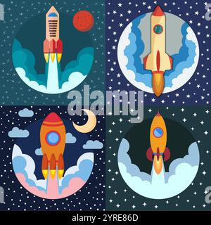Set of four space rocket ships. Space rocket launch. Project startup and development process concept. The rocket flies upwards. Stock Vector