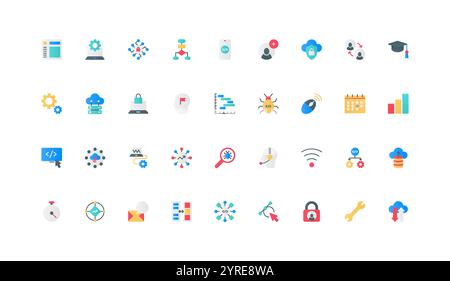 Software code development, coding, testing and bug search color icon set. program setup and programmers tool, algorithm and configure, web homepage and language flat elements vector illustration Stock Vector