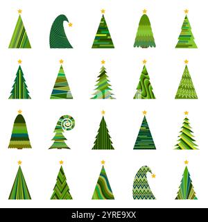 Set of twenty different Christmas trees. Isolated vector illustration for Merry Christmas and Happy New Year. Stock Vector