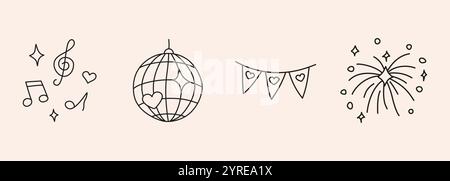 Wedding hand drawn doodle icon set - music, disco ball, flag pendant garland, fireworks. Sketch in organic style vector marriage symbol on white Stock Vector