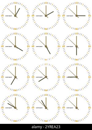 A set of mechanical clocks with an image of each of the twelve hours. Clock face on white background. Stock Vector