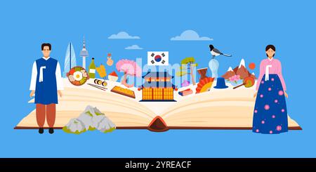 Culture elements and landmarks emblem of South Korea, Korean language study in infographic collage with open paper book and people in hanbok, architecture and flag, food cartoon vector illustration Stock Vector