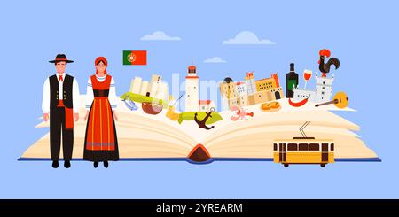 Portugal culture and architecture landmarks study in infographic collage banner with open paper book, Portuguese in traditional dress, Pena Palace and Belem Tower, food cartoon vector illustration Stock Vector