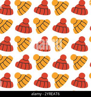 Seamless pattern of red and yellow winter hats on a white background in a flat design style. Vector illustration. Stock Vector