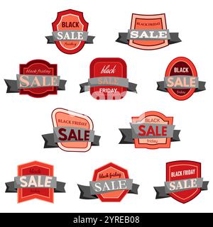 Set of ten black friday sale badges with black ribbon on a white background. Vector illustration Stock Vector