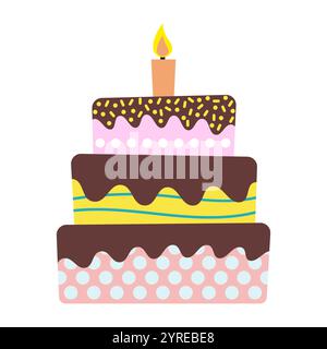 Sweet birthday cake with burning candle. Colorful holiday dessert. Vector celebration background. Stock Vector