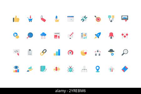 SEO, online analytics, marketing optimization system for business development color icon set. Keywords and ads, target and search results, link building, management flat elements vector illustration Stock Vector