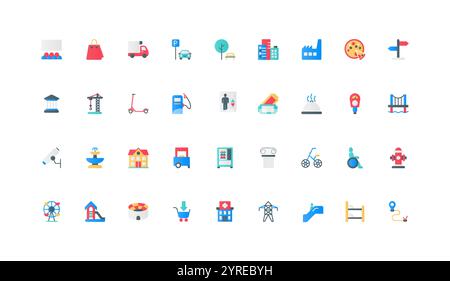 Public infrastructure of city, buildings and transport, service for person with disability color icon set. Museum and cinema, gas station, scooter and car parking flat elements vector illustration Stock Vector