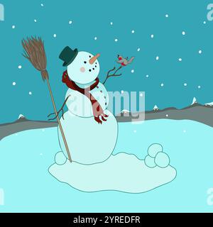 Snowman with a small bullfinch on hand. It's snowing, the windows are glowing in the distance. Christmas card. Vector clipart. Stock Vector