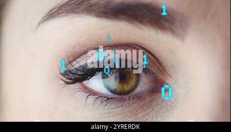 Image of binary coding data processing over close up of woman's eye Stock Photo