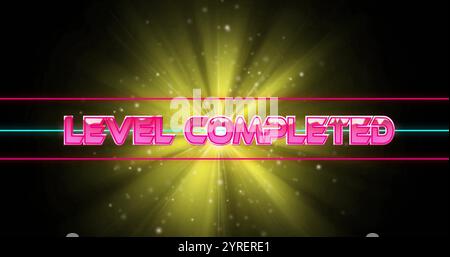 Image of level completed text over neon pattern background Stock Photo