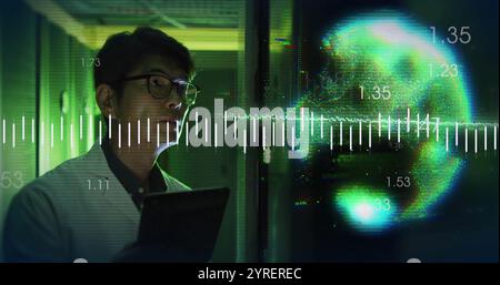Image of digital data processing over asian man using tablet by computer servers Stock Photo