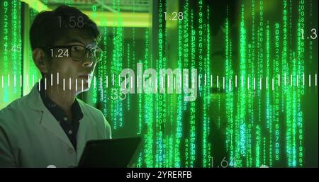 Image of digital data processing over asian man using tablet by computer servers Stock Photo